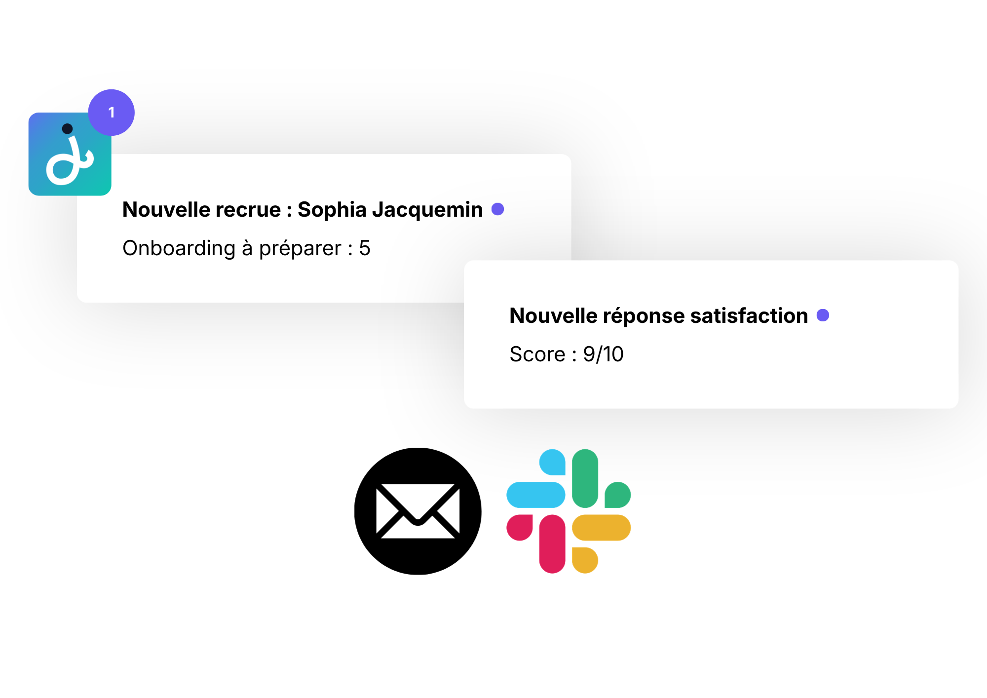 Le manager prévenu dans Slack et par e-mail dès qu'une recrue arrive, avec ses tâches