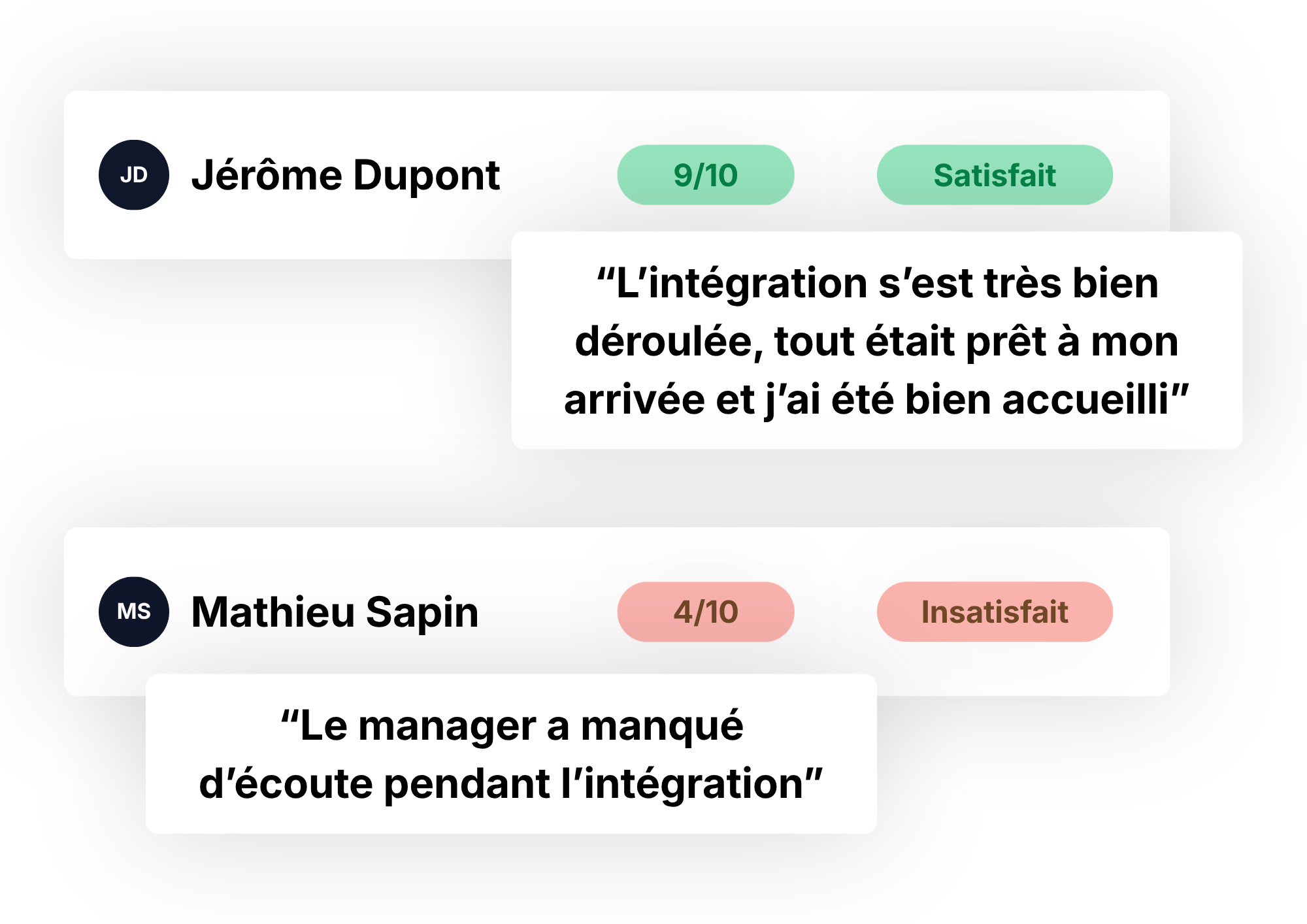 Répartition de la satisfaction des recrues : satisfaits, neutres, insatisfaits, et satisfaction des collaborateurs